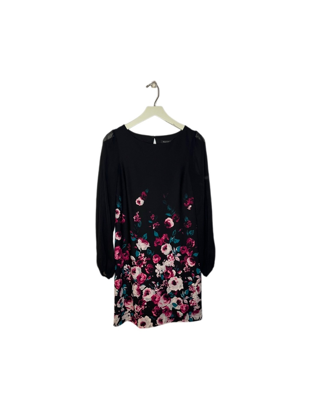 NWOT White House Black Market Size 0 Black Floral Long Sleeve Shift Dress